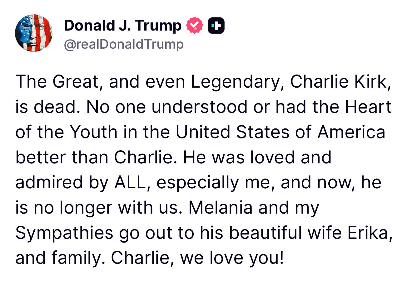 Tweet ya Rais Donald Trump kuhusu kifo cha Charlie Kirk